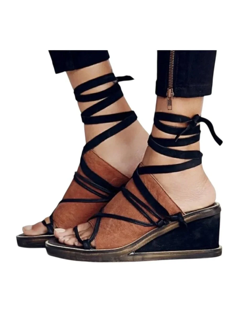Free People Bowery Leather Lace-up Wedge Boho Sandals Black Brown Sz 39